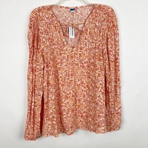 Old Navy Womens Peach Floral LS Boho Top V-Neck Tie Blouse Large NEW